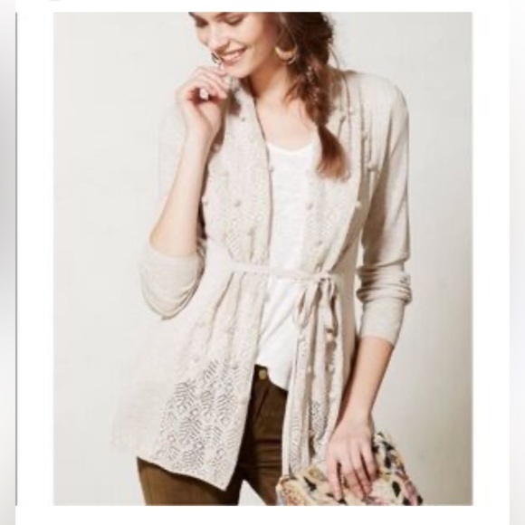Knitted & knotted Anthropologie sweater cardigan open front cream PomPom  Medium - Picture 3 of 11